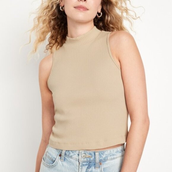 Old Navy Mock Neck Rib Knit Tank Top Sleeveless Tan Beige Size XL NEW - Picture 1 of 6